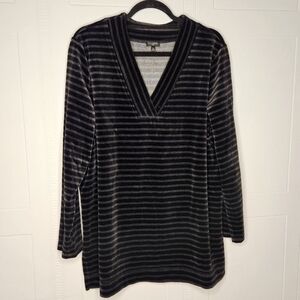 Talbots Plus Luxe Velour V Neck Long Sleeve Black Gray Striped Tunic Sz 1X EUC